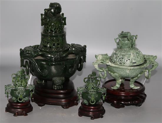 4 Chinese green hardstone censers and covers